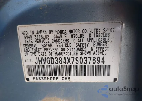 2007 Honda Fit из США, поврежденный, VIN JHMGD384X7S037694